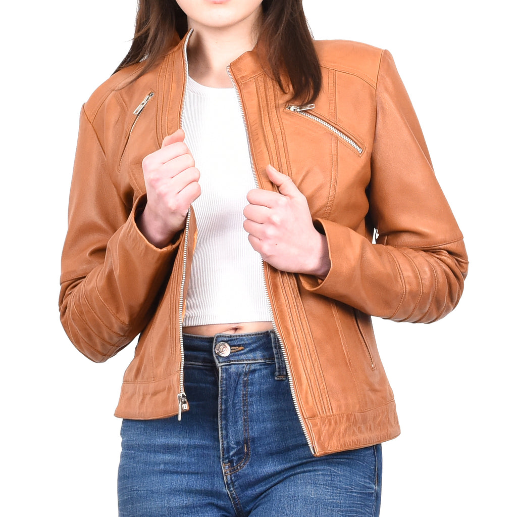 DR222 Women's Casual Biker Leather Jacket Tan 8