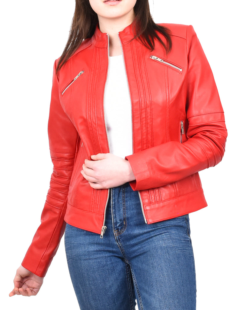 DR222 Women's Casual Biker Leather Jacket Red 10