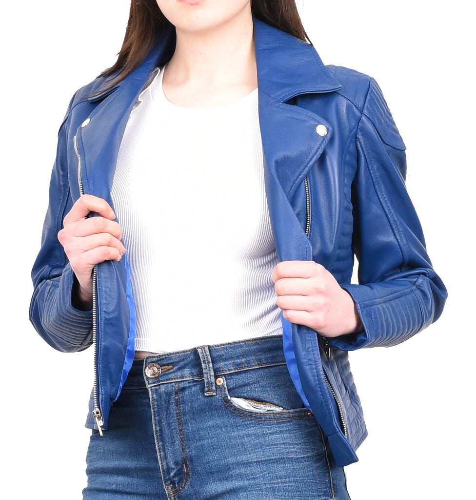 DR206 Women's Soft Leather Cross Zip Biker Jacket Blue 10