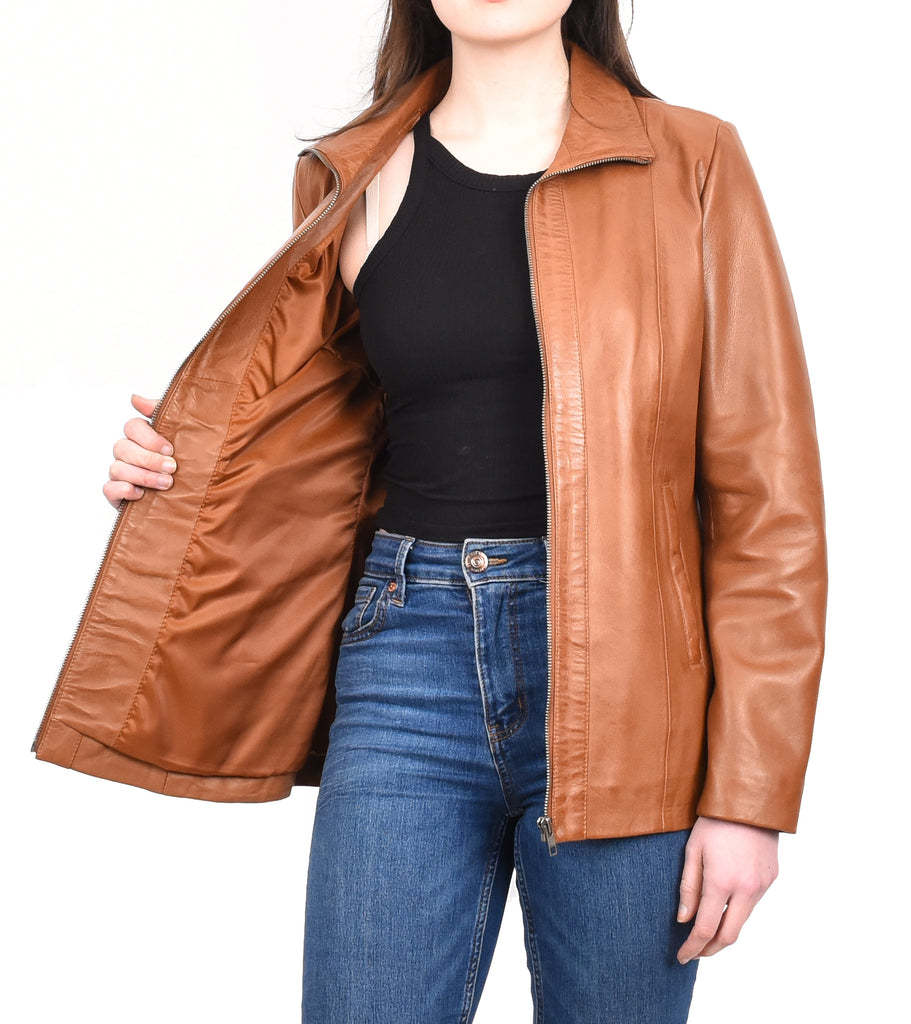 DR202 Women's Casual Semi Fitted Leather Jacket Tan 10