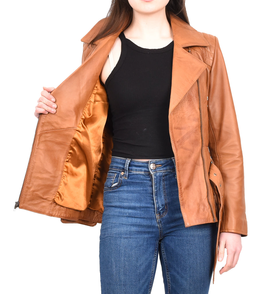 DR205 Women’s Slim Fit Cut Hip Length Biker Leather Jacket Tan 11