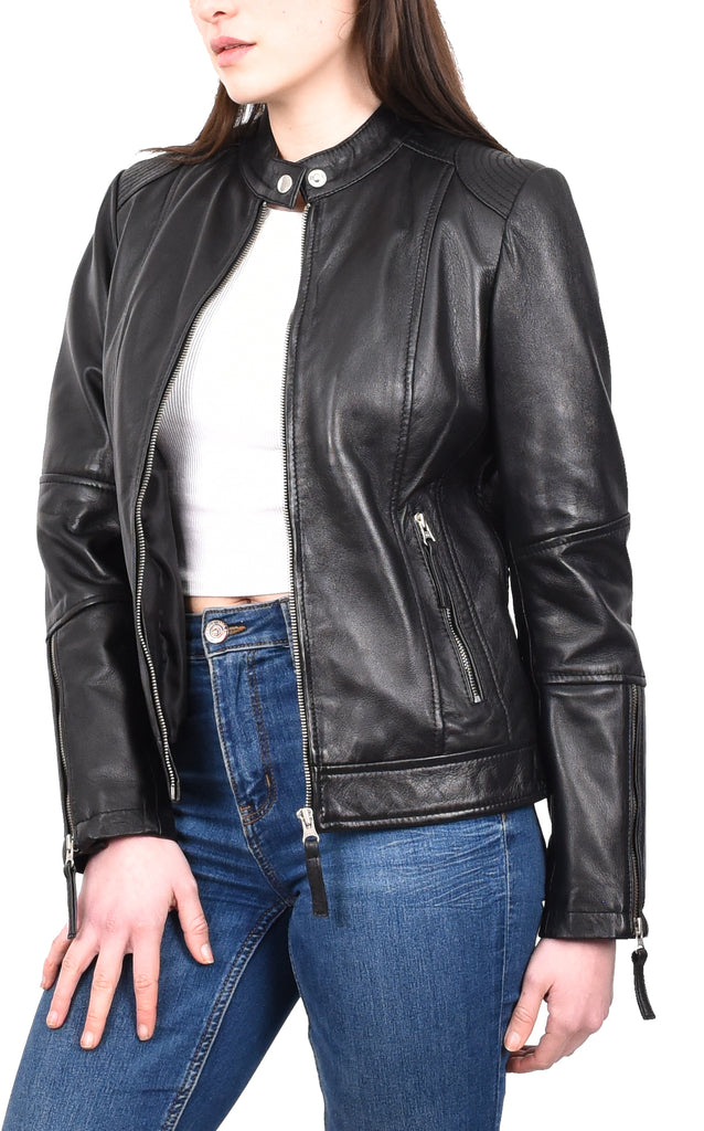 DR571 Women's Casual Zip up Genuine Leather Biker Jacket Black 9