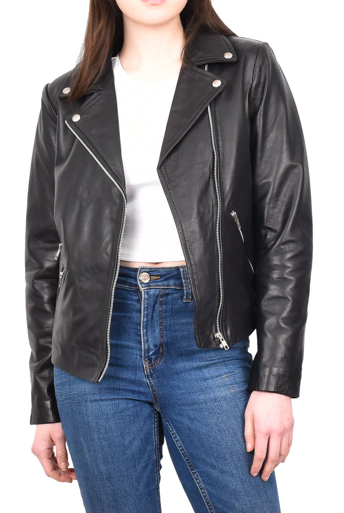 DR268 Women's Biker Leather Jacket Black 10