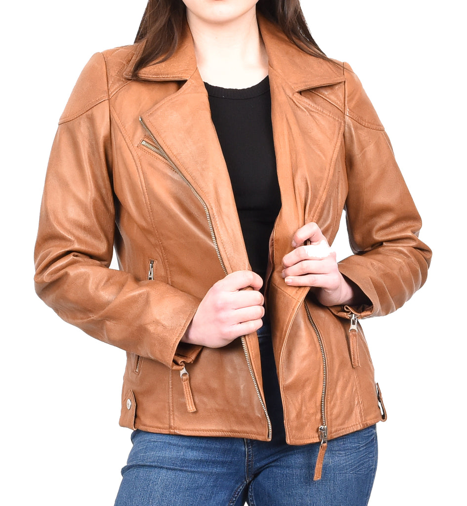 DR570 Women's Cross Zip Pocketed Real Leather Biker Jacket Tan  9 