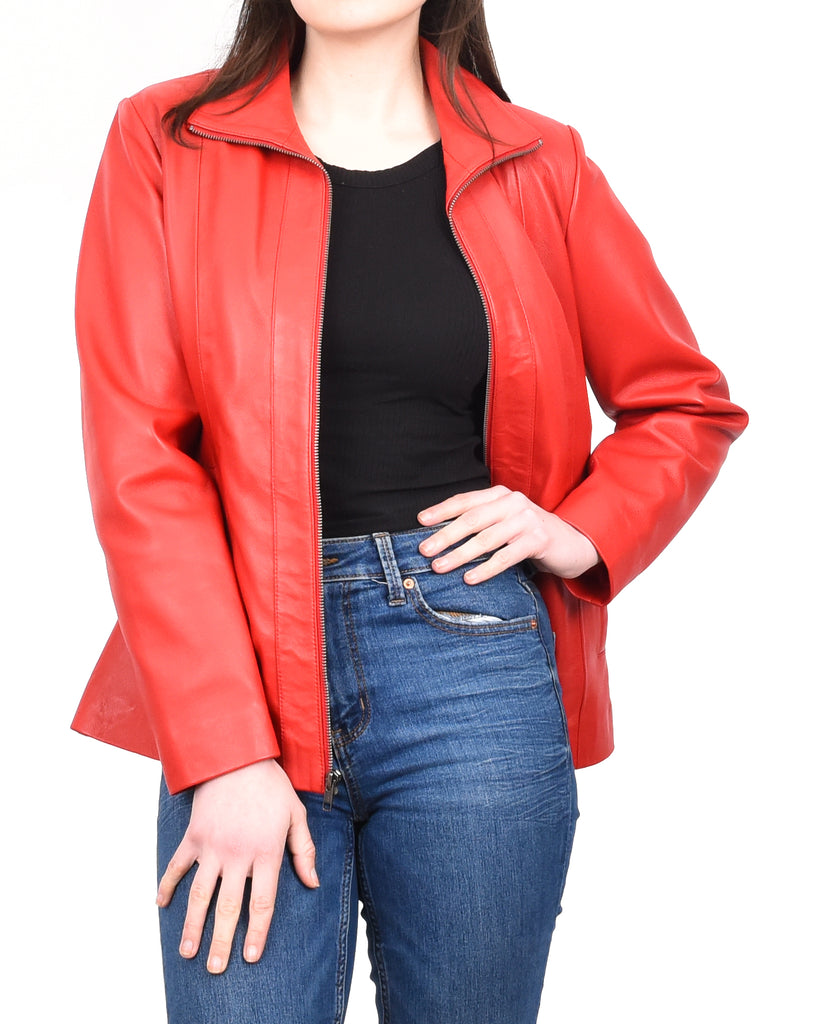 DR202 Women's Casual Semi Fitted Leather Jacket Red 11
