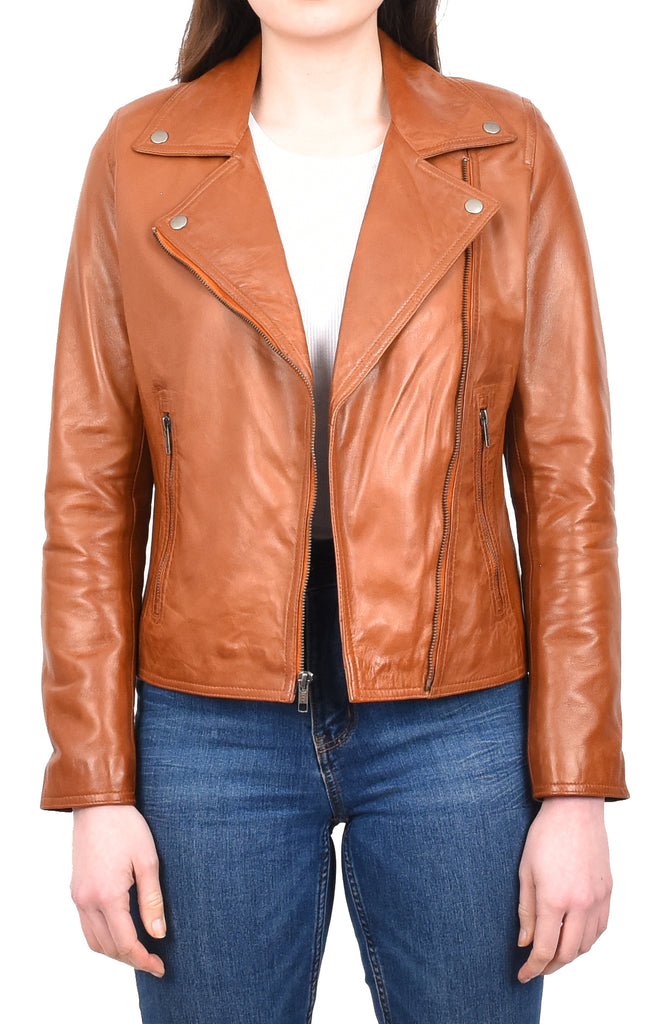 DR216 Women's Casual Smart Biker Leather Jacket Tan 9