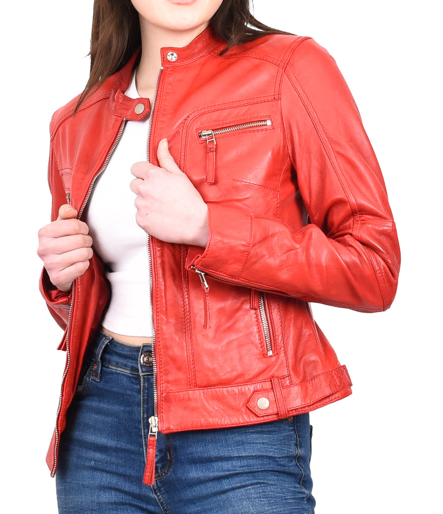 DR245 Women's Real Leather Biker Jacket Red 9