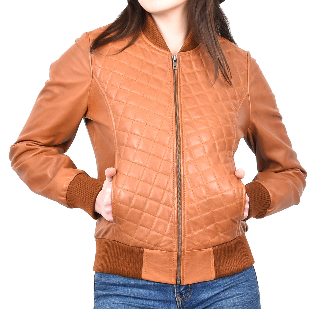 DR211 Women's Quilted Retro 70s 80s Bomber Jacket Tan 9