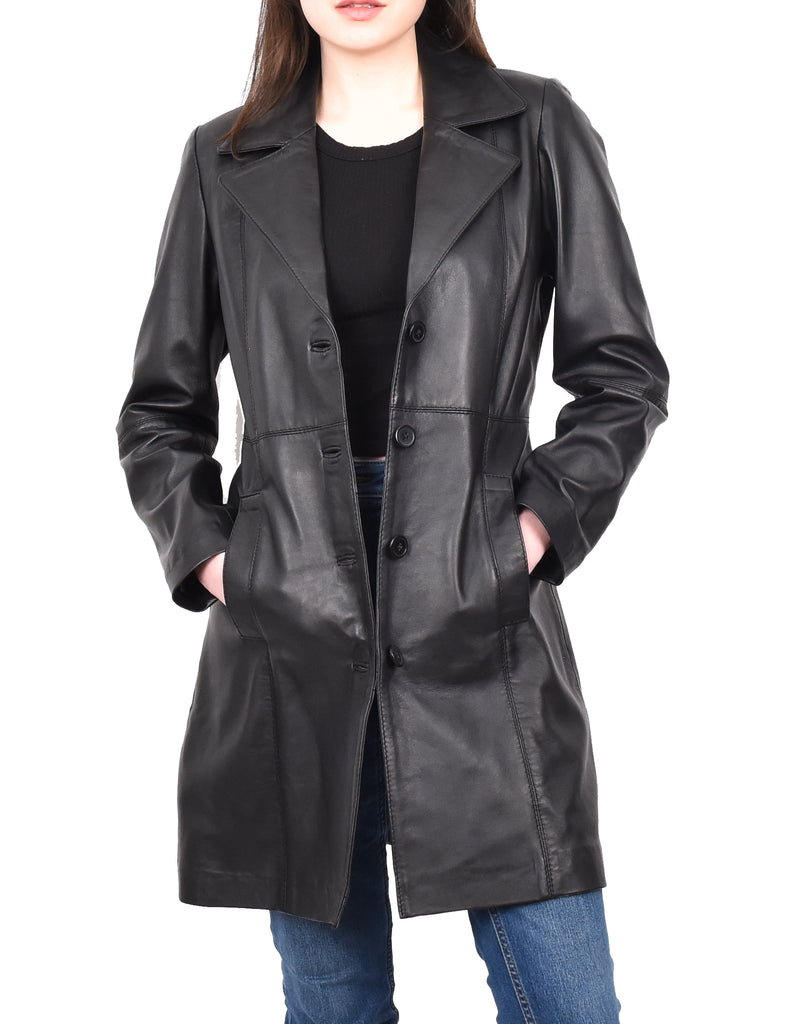 DR196 Women's 3/4 Length Soft Leather Classic Coat Black 10