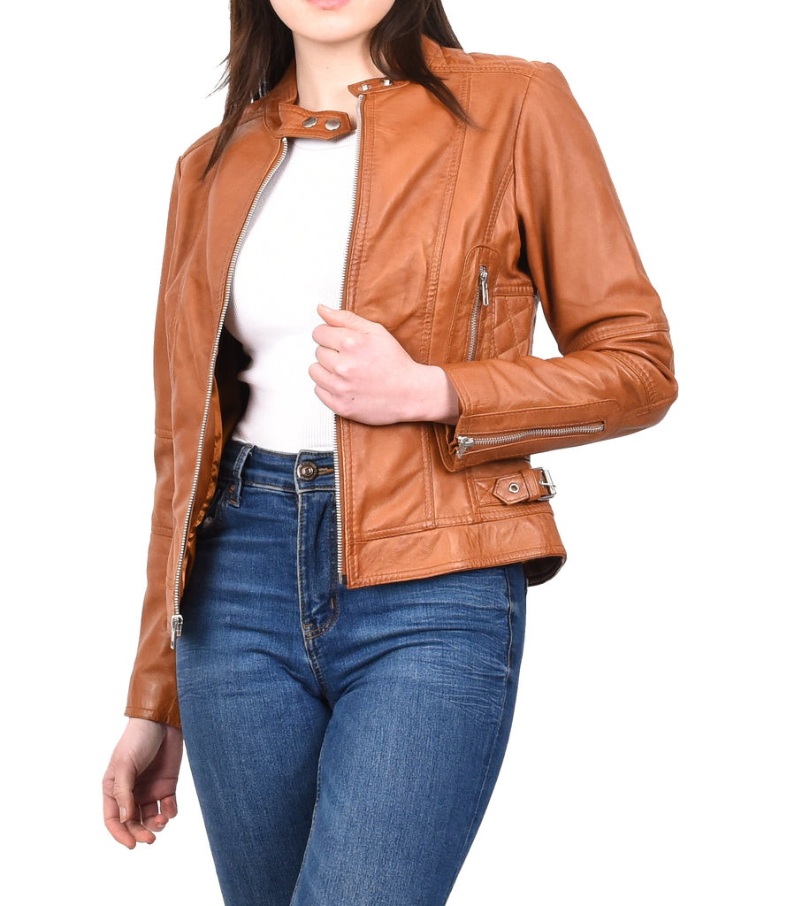 DR234 Women's Fitted Smart Leather Jacket Tan 9