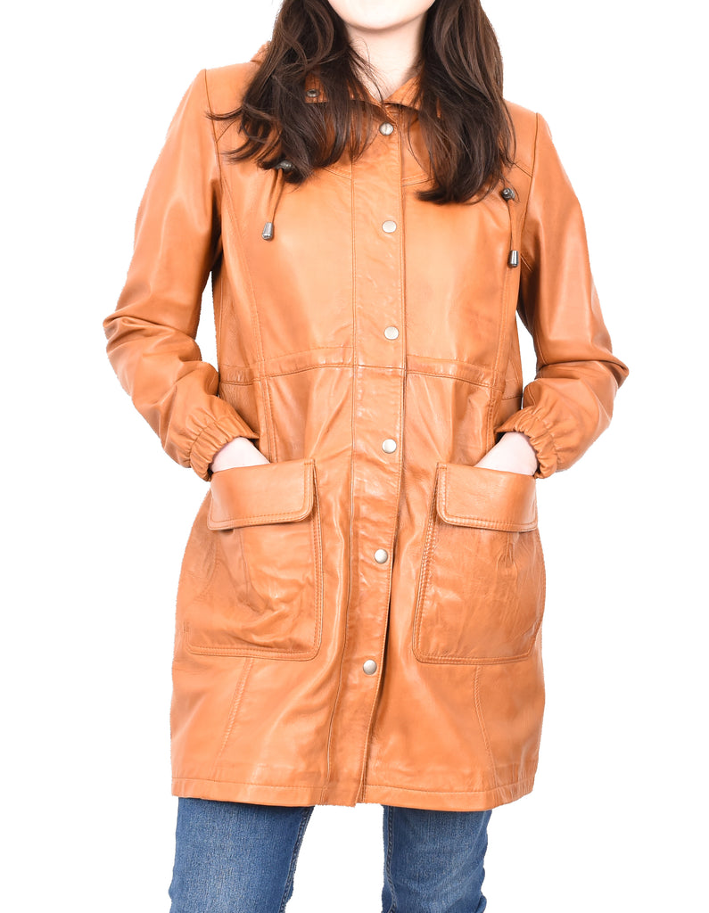 DR218 Women's Smart Long Leather Coat Hood Tan 11