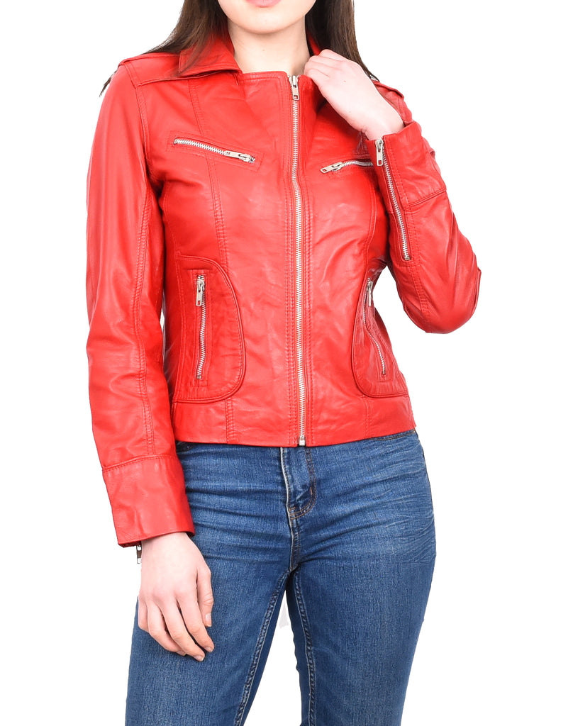 DR194 Women's Casual Leather Biker Jacket Short Red 10