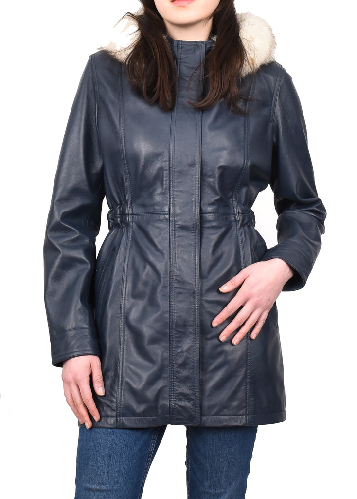 DR204 Women's Smart Long Leather Coat Hood with Fur Blue 10