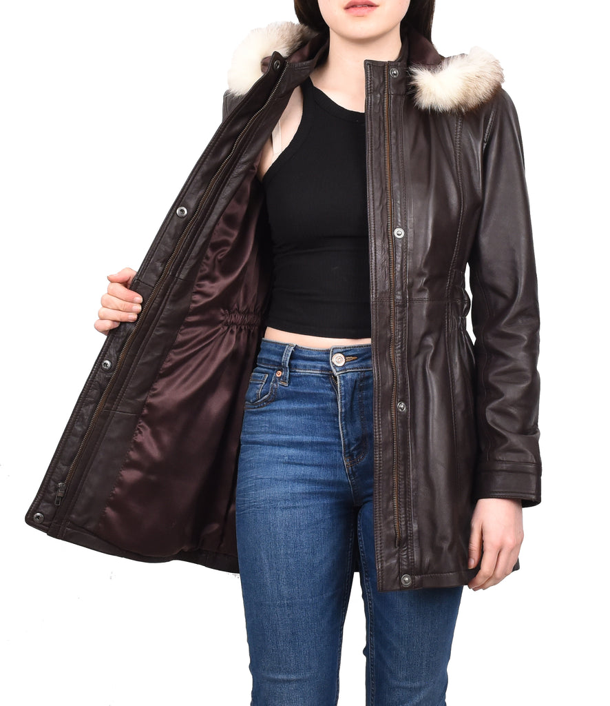 DR204 Women's Smart Long Leather Coat Hood with Fur Brown 6