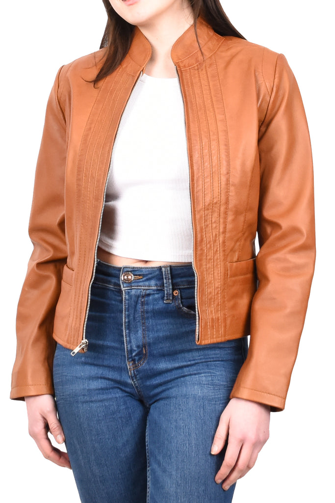 DR210 Women's Casual Biker Leather Jacket Tan 10