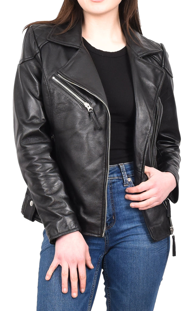 DR570 Women's Cross Zip Pocketed Real Leather Biker Jacket Black 9