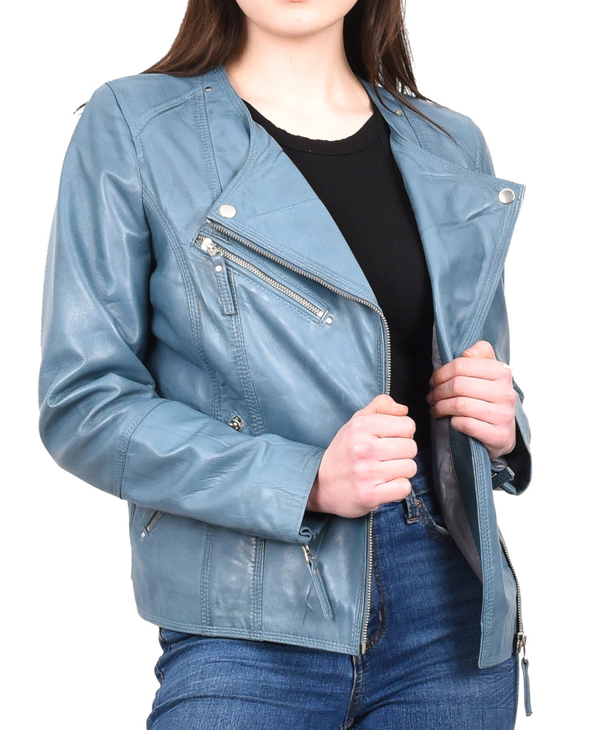 DR572 Women's Casual Cross Zip Leather Jacket Teal 10