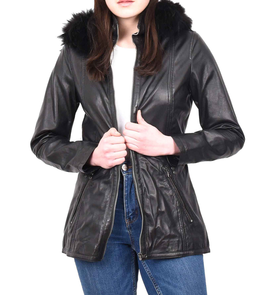 DR260 Women’s Black Leather Duffle Parka Jacket with Removable Hood 9