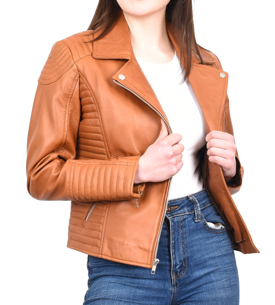 DR206 Women's Soft Leather Cross Zip Biker Jacket Tan 9