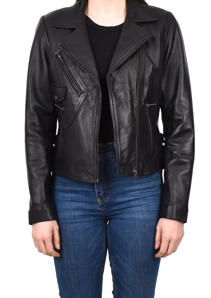 DR208 Women's Collarless Biker Leather jacket Black 10