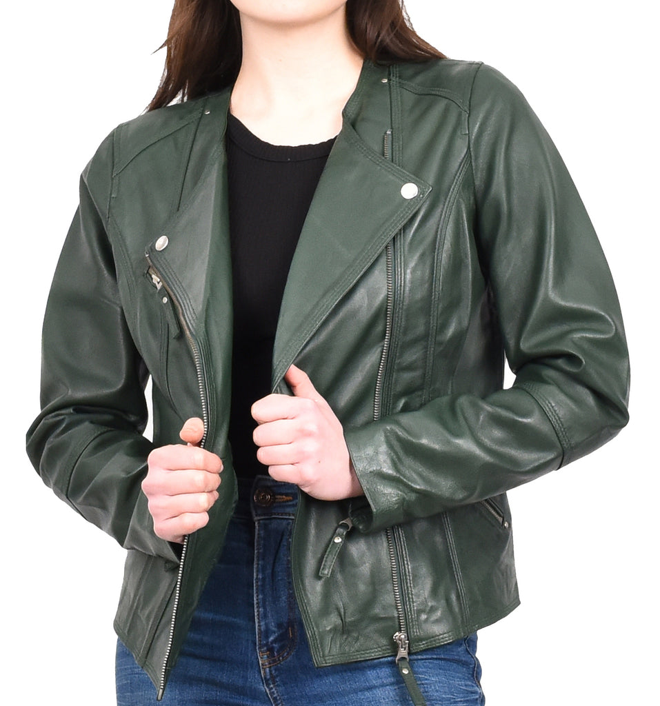 DR572 Women's Casual Cross Zip Leather Jacket Green 8