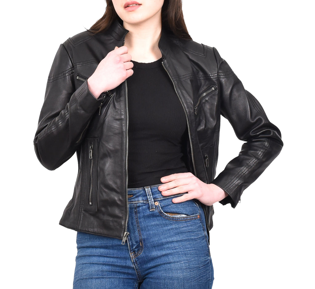 DR200 Ladies Classic Casual Biker Leather Jacket Black 10