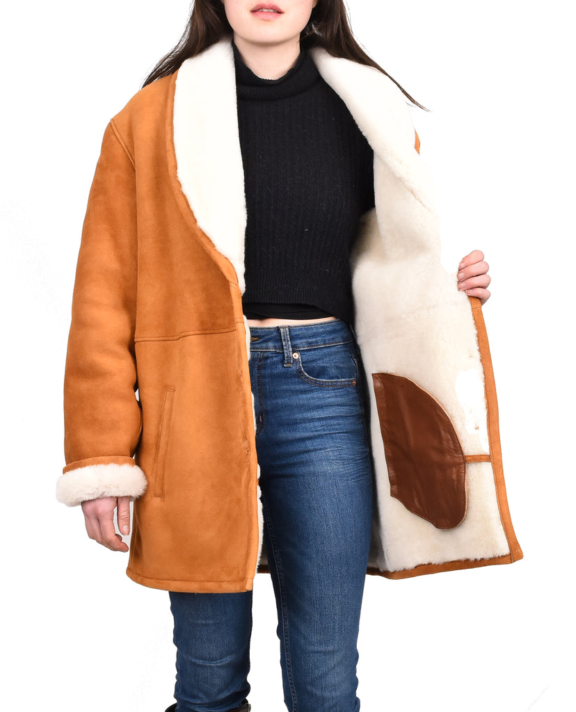 DR595 Women's Soft Sheepskin Mid Length Coat With Fur Collar Cognac 6