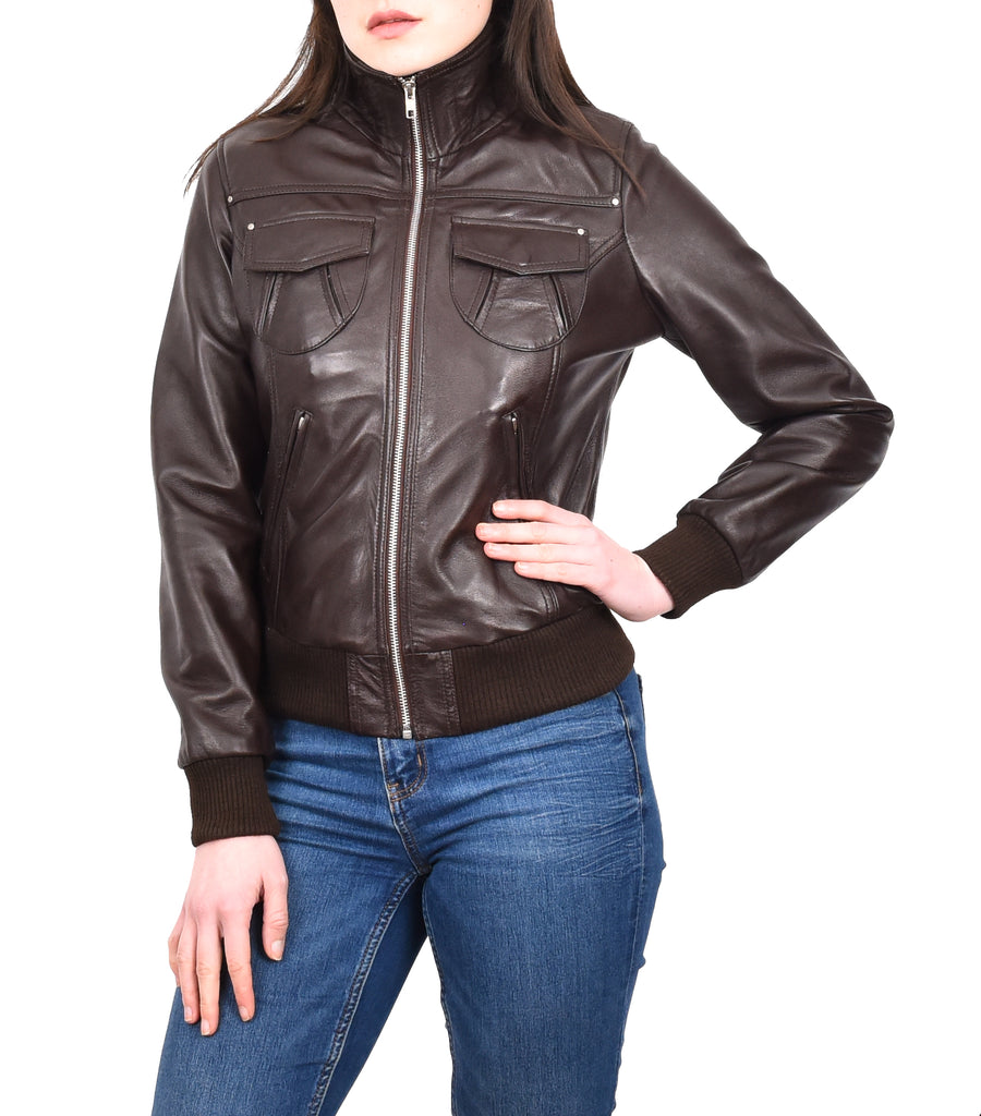 DR514 Womens Leather Classic Bomber Jacket Brown 10