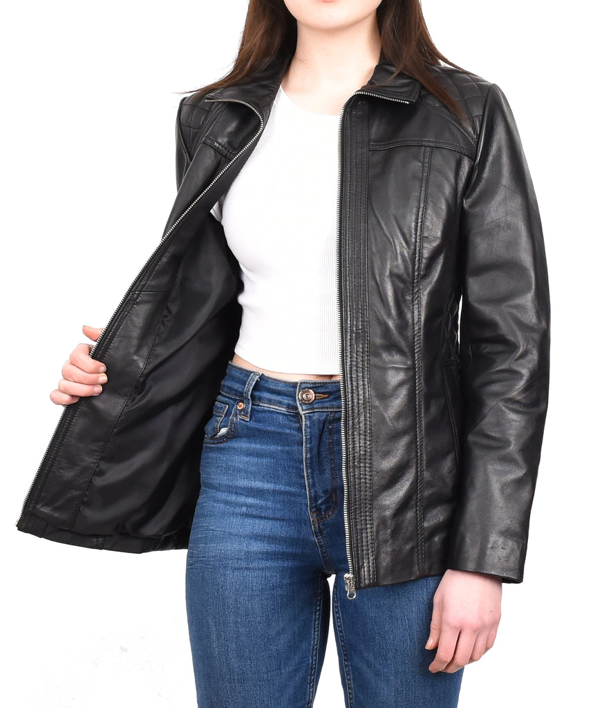 DR564 Women's Genuine Leather Jacket Zip Quilted Black 13