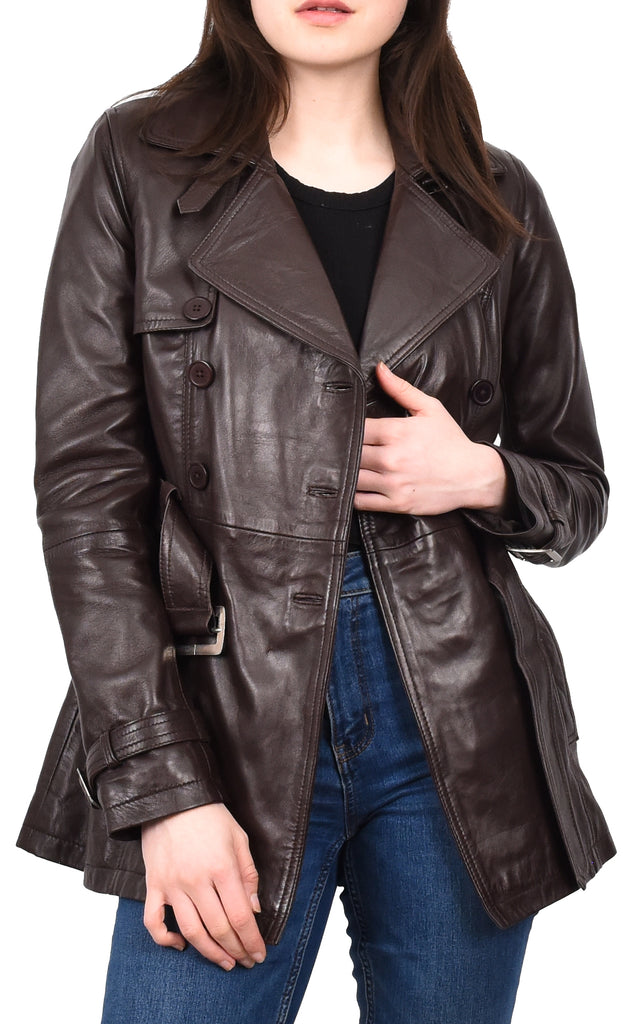 DR201 Women's Leather Buttoned Coat With Belt Smart Style Brown 9