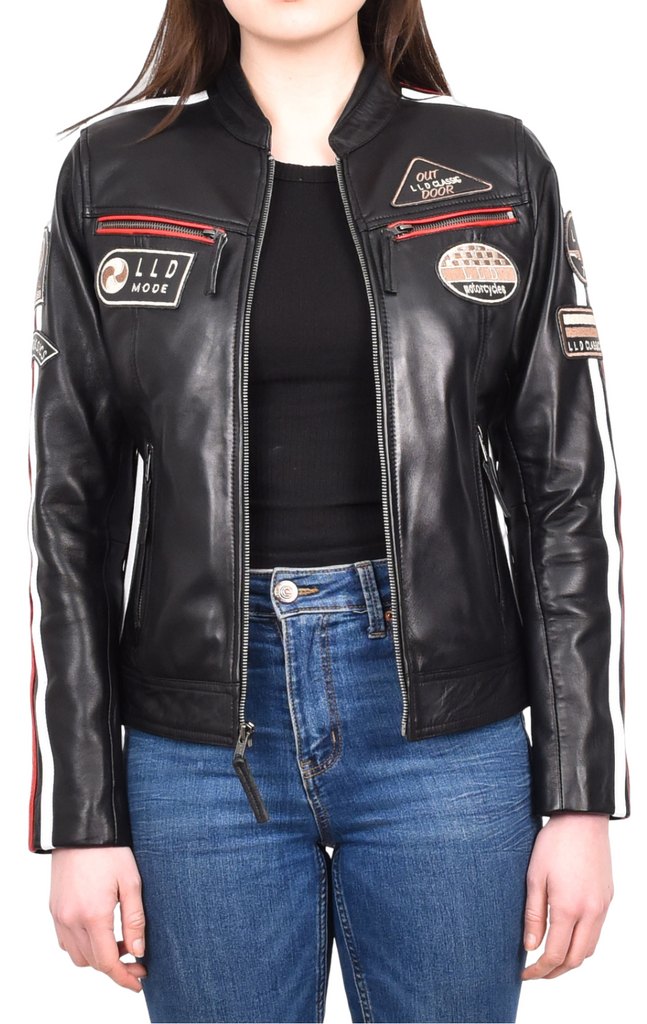 DR674 Women's Soft Real Leather Racing Biker Jacket Black 10