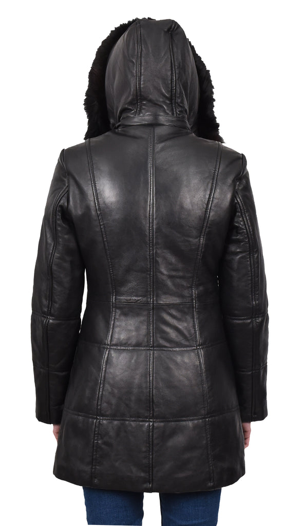 DR254 Women’s Leather 3/4 Length Puffer Coat Black 8