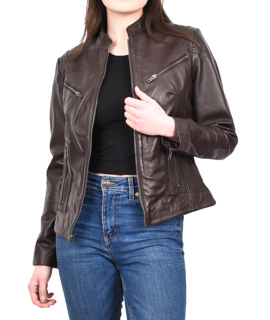 DR200 Ladies Classic Casual Biker Leather Jacket Brown 10