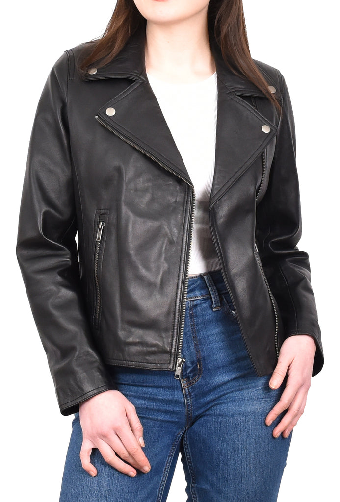 DR216 Women's Casual Smart Biker Leather Jacket Black 9