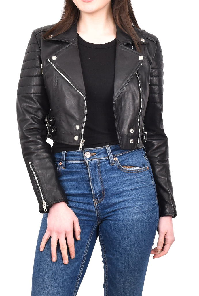 DR197 Women's Short Leather Stylish Biker Jacket Black 9