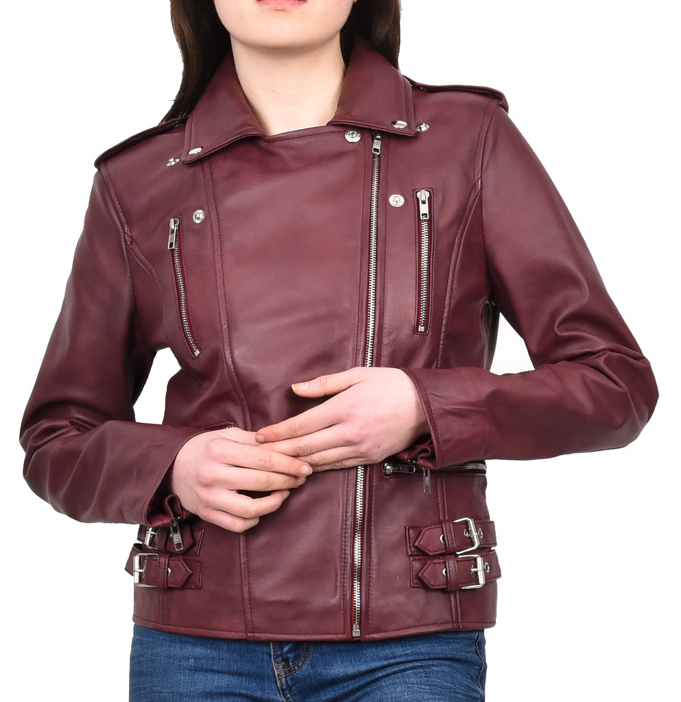 DR195 Women’s Trendy Biker Leather Jacket Burgundy 10