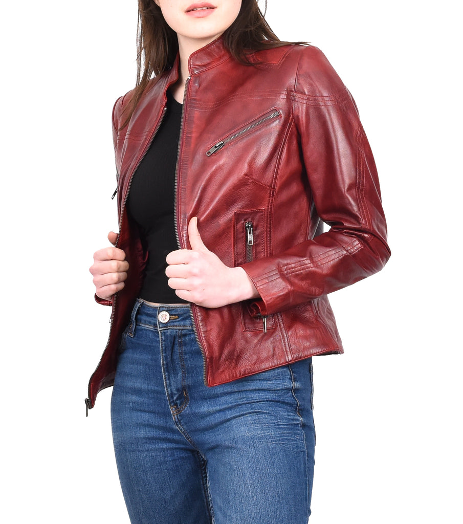 DR200 Ladies Classic Casual Biker Leather Jacket Barn Red 10