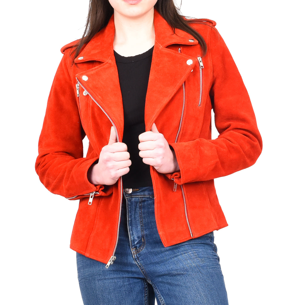 DR217 Women's Hardrock Biker Chich Leather Jacket Red Suede 10