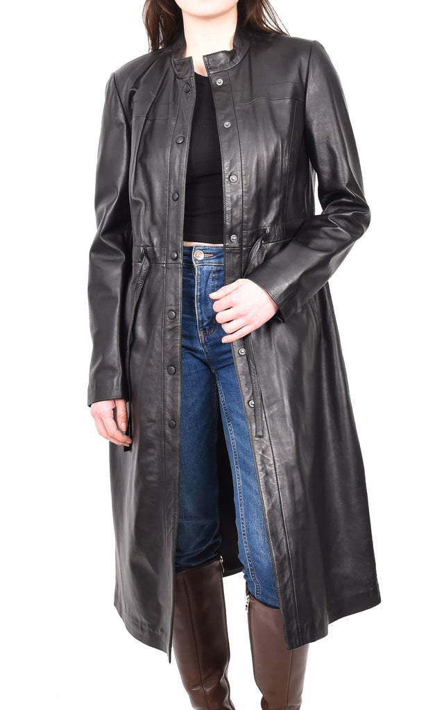 DR240 Women's Real Leather Slim Fit Trench Overcoat Black 12