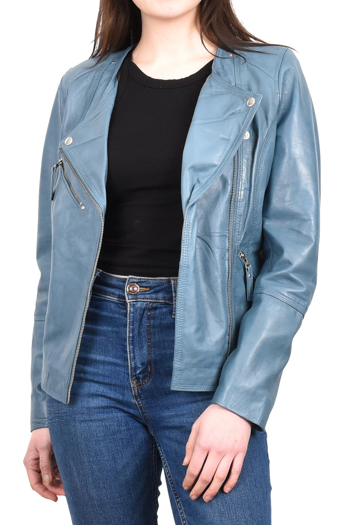 DR572 Women's Casual Cross Zip Leather Jacket Teal 11