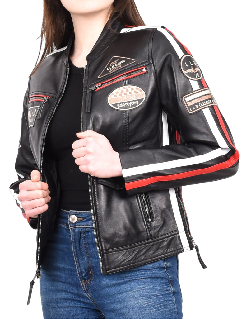 DR674 Women's Soft Real Leather Racing Biker Jacket Black 11