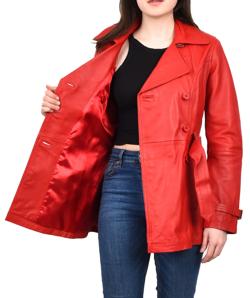 DR201 Women's Leather Buttoned Coat With Belt Smart Style Red 10