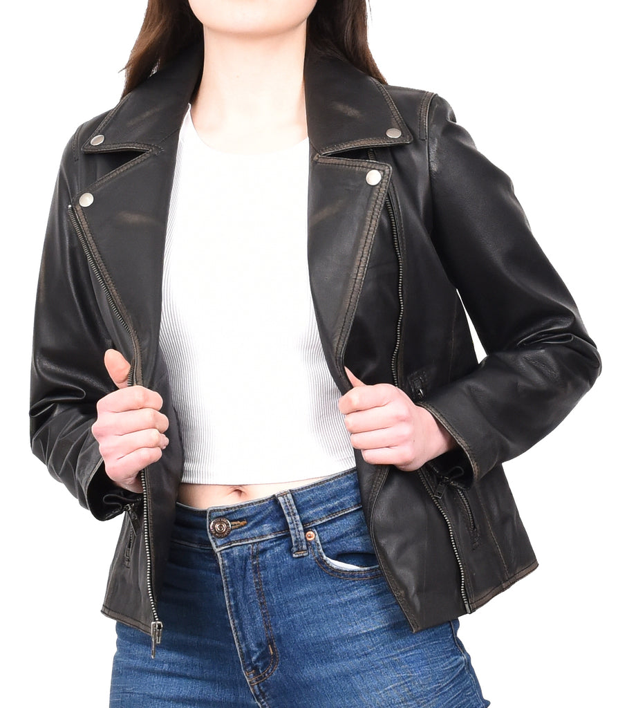 DR216 Women's Casual Smart Biker Leather Jacket Rub off 9