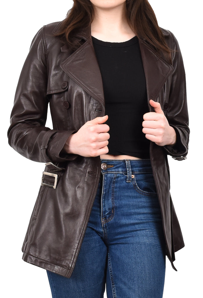 DR201 Women's Leather Buttoned Coat With Belt Smart Style Brown 10