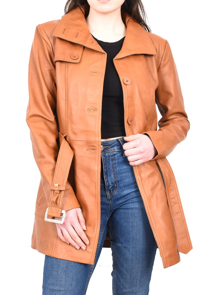 DR219 Women's Smart Winter Leather Coat Tan 12