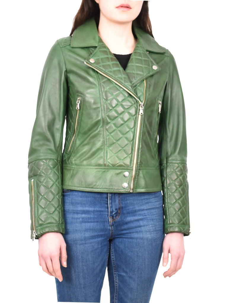 DR238 Women's Leather Biker Jacket with Quilt Detail Green 12