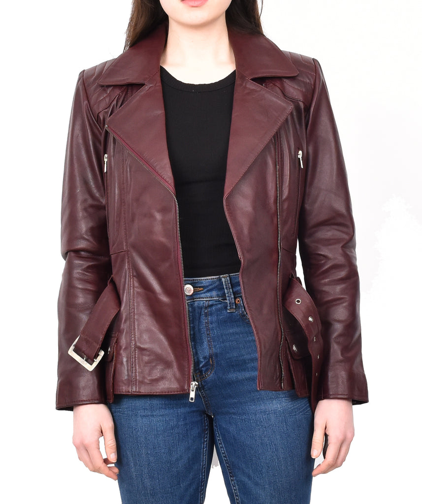 DR205 Women’s Slim Fit Cut Hip Length Biker Leather Jacket Burgundy 11