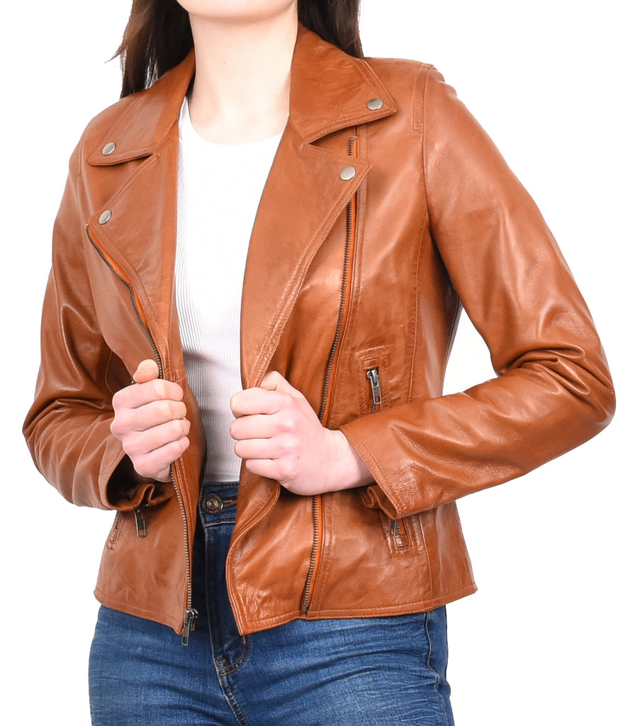 DR216 Women's Casual Smart Biker Leather Jacket Tan 10