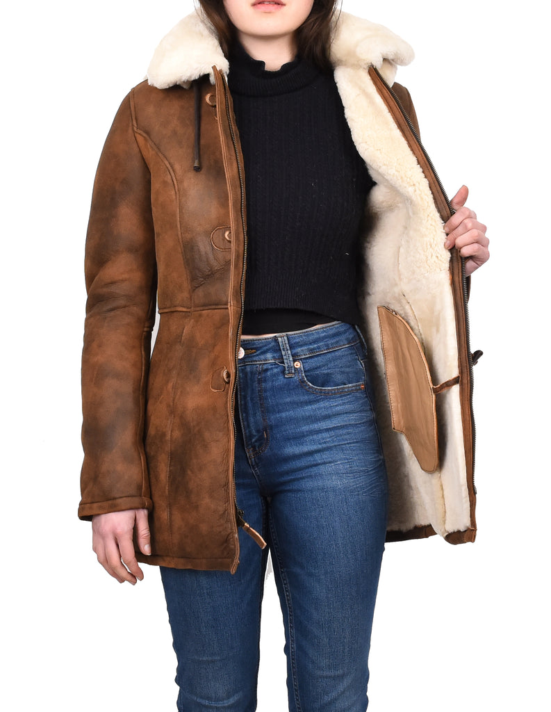 DR229 Women's Sheepskin Duffle Coat Mid Length Tan 6