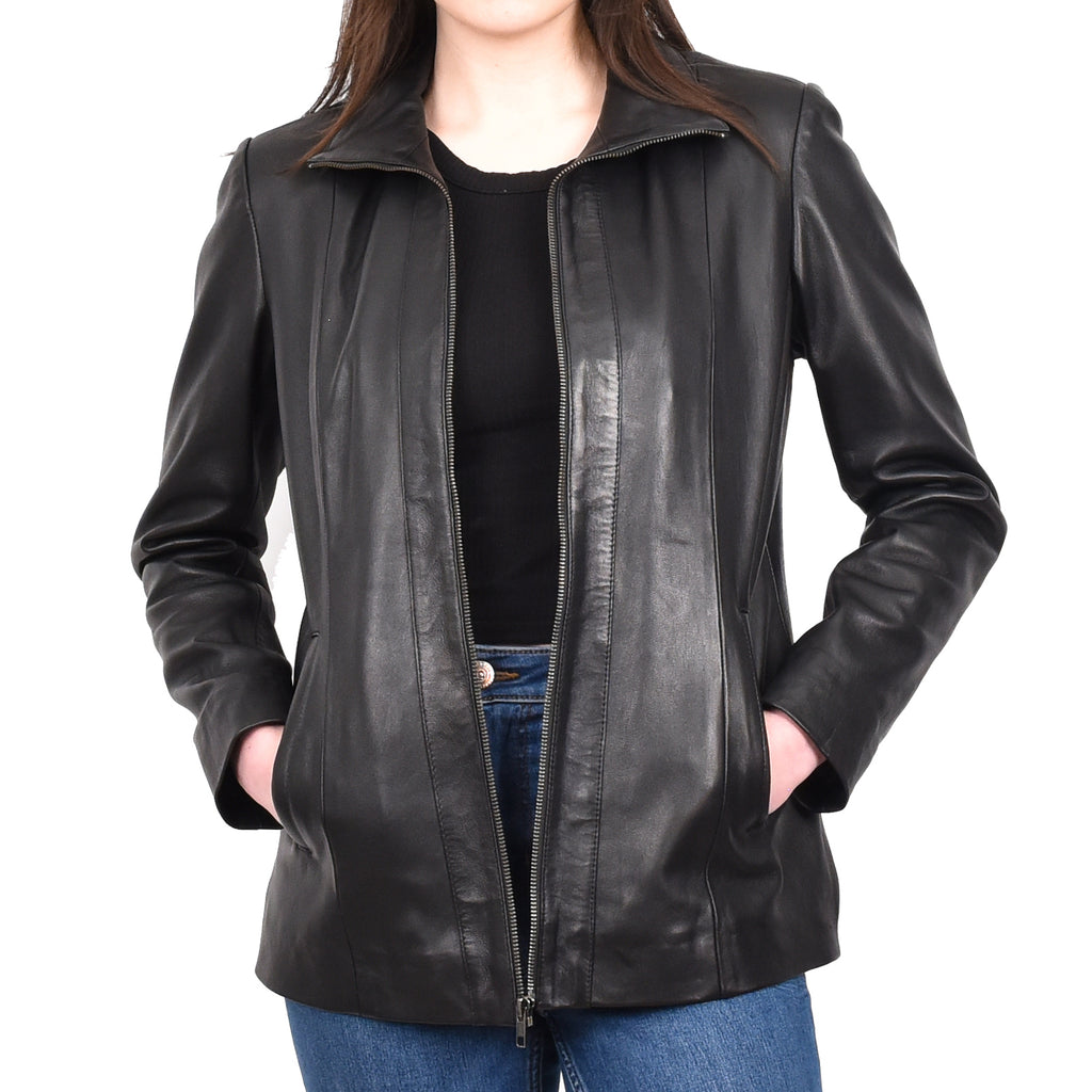 Women's Casual Semi Fitted Real Leather Jacket Black Raven2 1